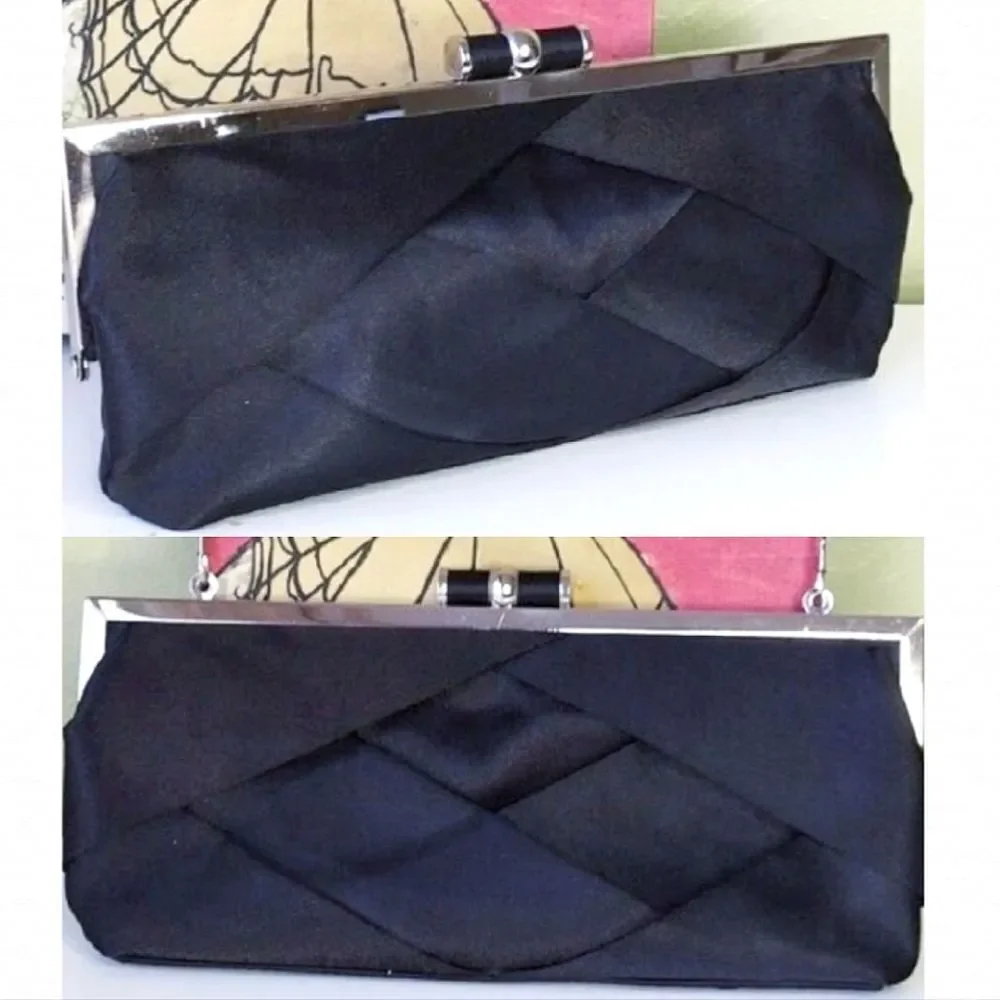 Bijoux Terner VTG Y2K Black‎ Satin Weaved Kisslock Top Evening Clutch with Chain